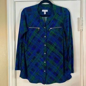 Susan Graver Blue, Green & Black Plaid design Stretch Top Size XS Classic